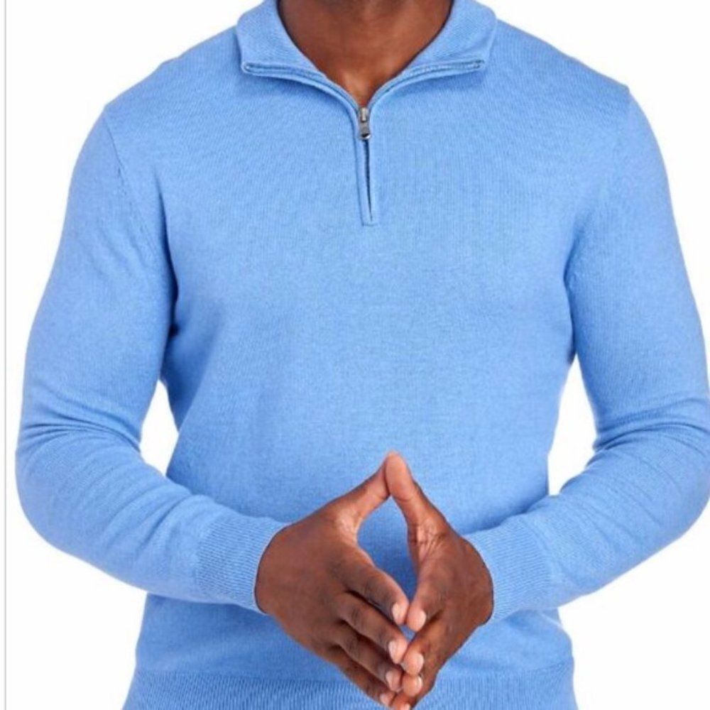 NWT Alan Flusser Cotton Blend Quarter Zip Mock Neck Men's Sweater Size M Blue